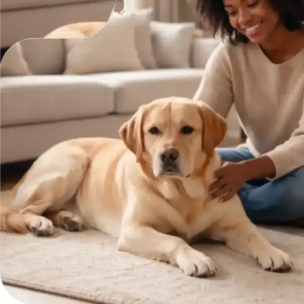 A dog relaxing beside their owner at home